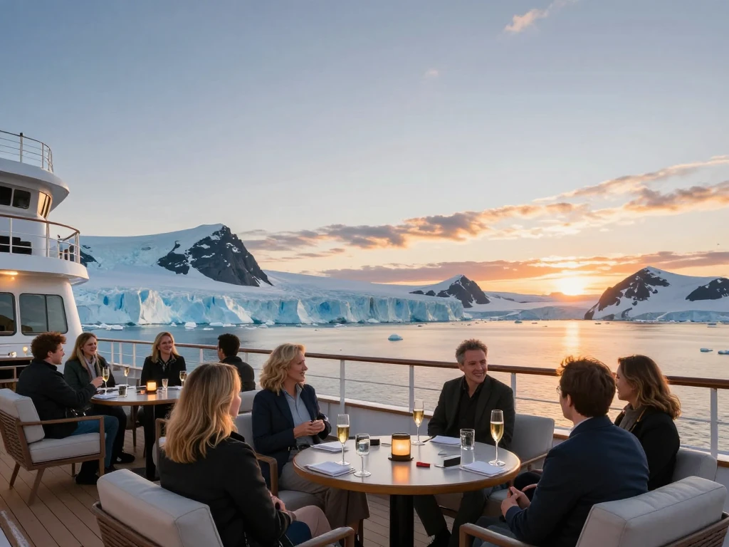 Luxury travellers enjoying an ocean expedition cruise Luxury ocean expedition cruise exploring Antarctica