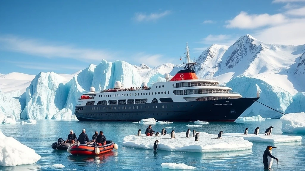 Luxury-expedition-ship-anchored-beside-m-1 Luxury Antarctica expedition ship with zodiac landing