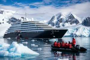 Luxury expedition ship exploring Antarctica